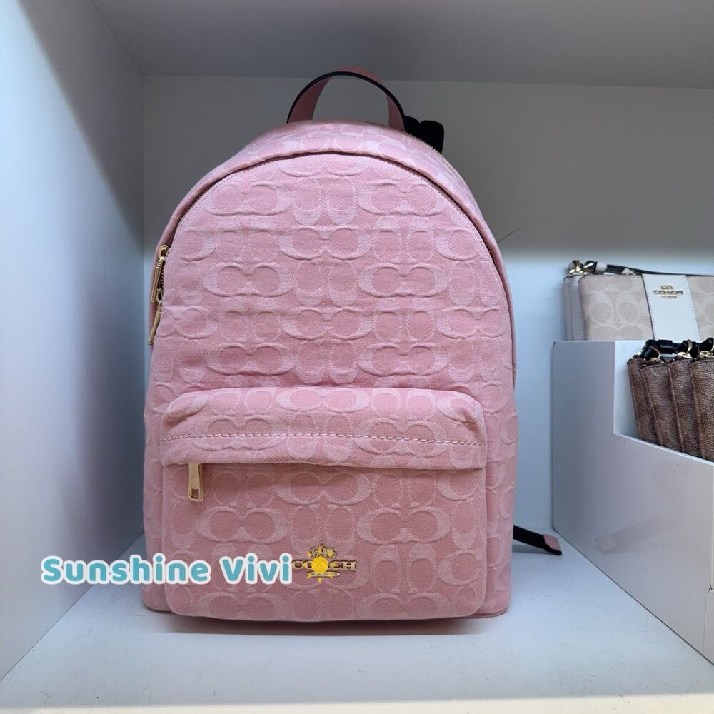 NWT Coach CER70 Taylor Backpack Signature Denim & Smooth Leather Gold Light Pink